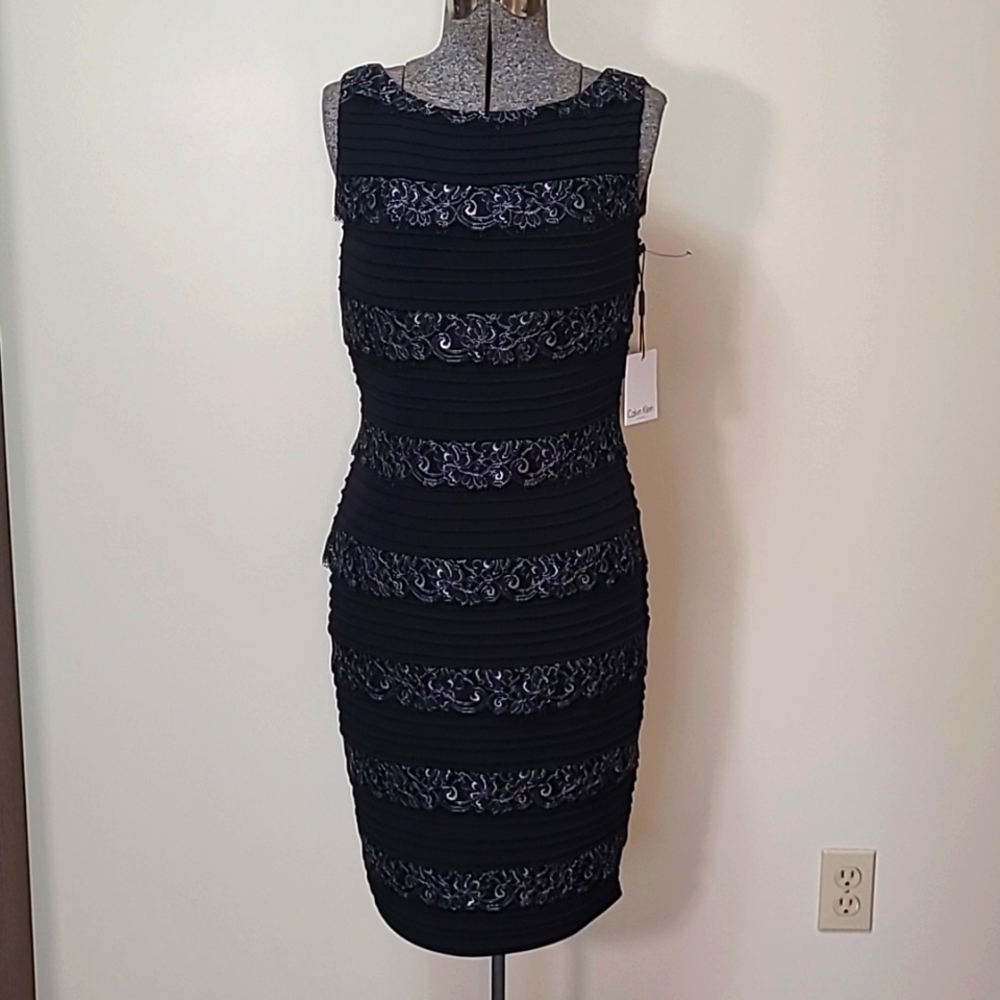 Calvin Klein Black w/ Silvery Eyelash Lace Pleated Tank Sheath Dress Size 8